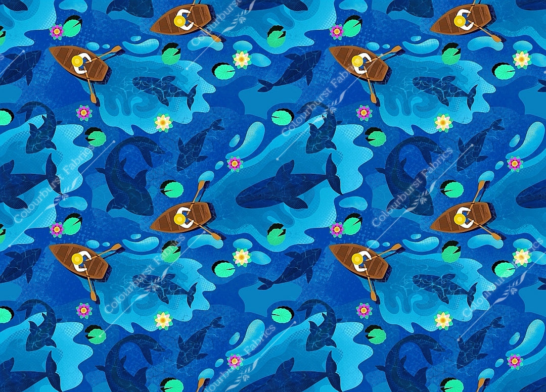 Whales and row boats exclusive to Colourburst Fabrics. Beautiful whales of different shapes and sizes visible from above the water with people in row boats on top of the lake. Lilypads and floating flowers. Seamless design for custom fabric printing onto our 22 bases