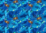 Load image into Gallery viewer, Whales and row boats exclusive to Colourburst Fabrics. Beautiful whales of different shapes and sizes visible from above the water with people in row boats on top of the lake. Lilypads and floating flowers. Seamless design for custom fabric printing onto our 22 bases
