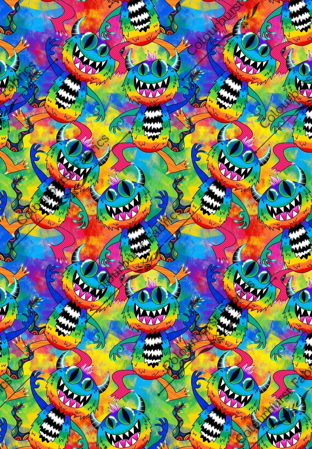 Crazy abstract rainbow monsters exclusive, waving with horns and big teeth. On a rainbow blurred background. Seamless design for custom fabric printing onto our 22 bases