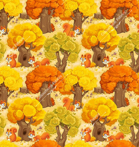 Squirrels in woodland with mushrooms and autumn leaves. Beautiful autumnal colours. Seamless design for custom fabric printing onto our 22 bases