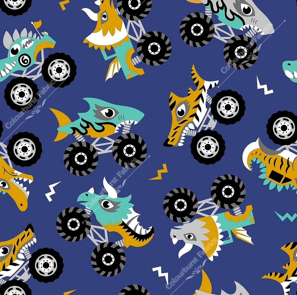 Shark and dinosaur monster trucks on dark blue solid coloured background. Seamless design for custom fabric printing onto our 22 bases