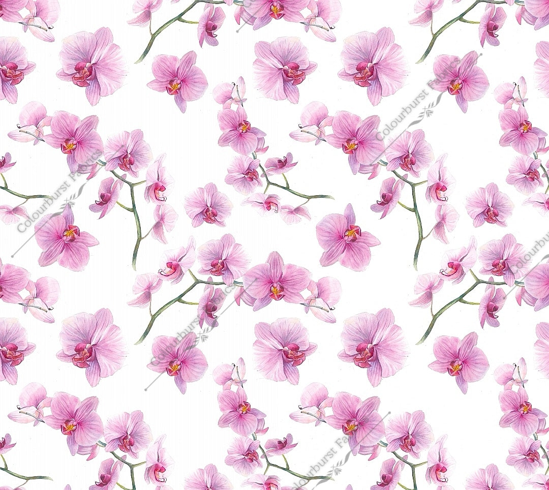 Pink orchid flowers on a crisp white background. Seamless design for custom fabric printing onto our 22 bases