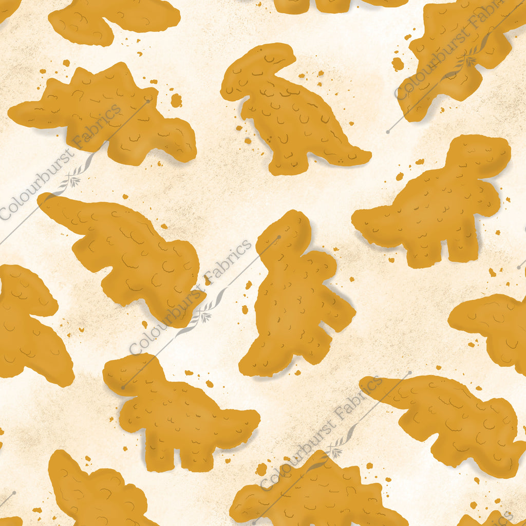 EXCLUSIVE Dinosaurs Nuggets design on a beige background with crumbs. Seamless design for custom fabric printing onto our 22 bases