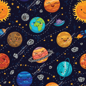 Happy planets space scene with stars, alien spaceships, rocket ships and kawaii planets. Seamless design for custom fabric printing onto our 22 bases
