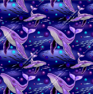 Purple mystic humpback whales with twinkly lights and shoals of fish. Seamless design for custom fabric printing onto our 22 bases