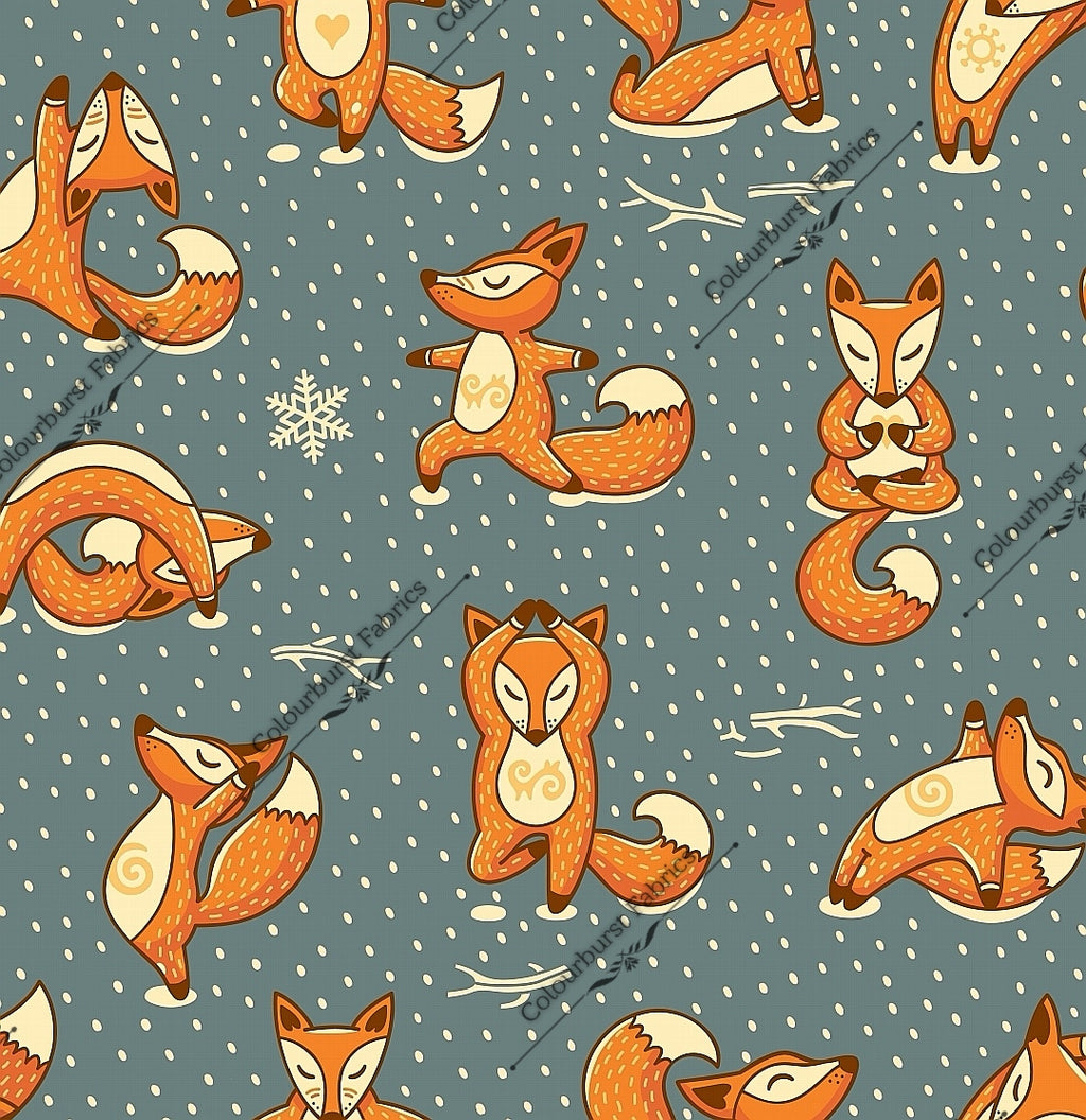 Winter yoga foxes on a light grey/turquoise background with falling snow and snowfakes. Seamless design for custom fabric printing onto our 22 bases