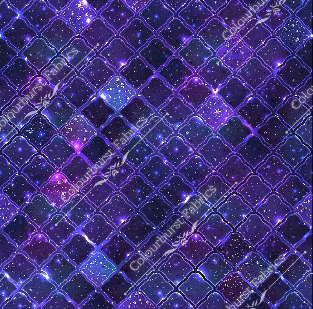 Deep purple shades of scales with faux glitter and twinkly lights. Seamless design for custom fabric printing onto our 22 bases