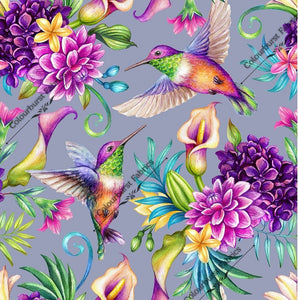 Hummingbirds with spring tropical flowers on a beautiful slate grey background. Seamless design for custom fabric printing onto our 22 bases