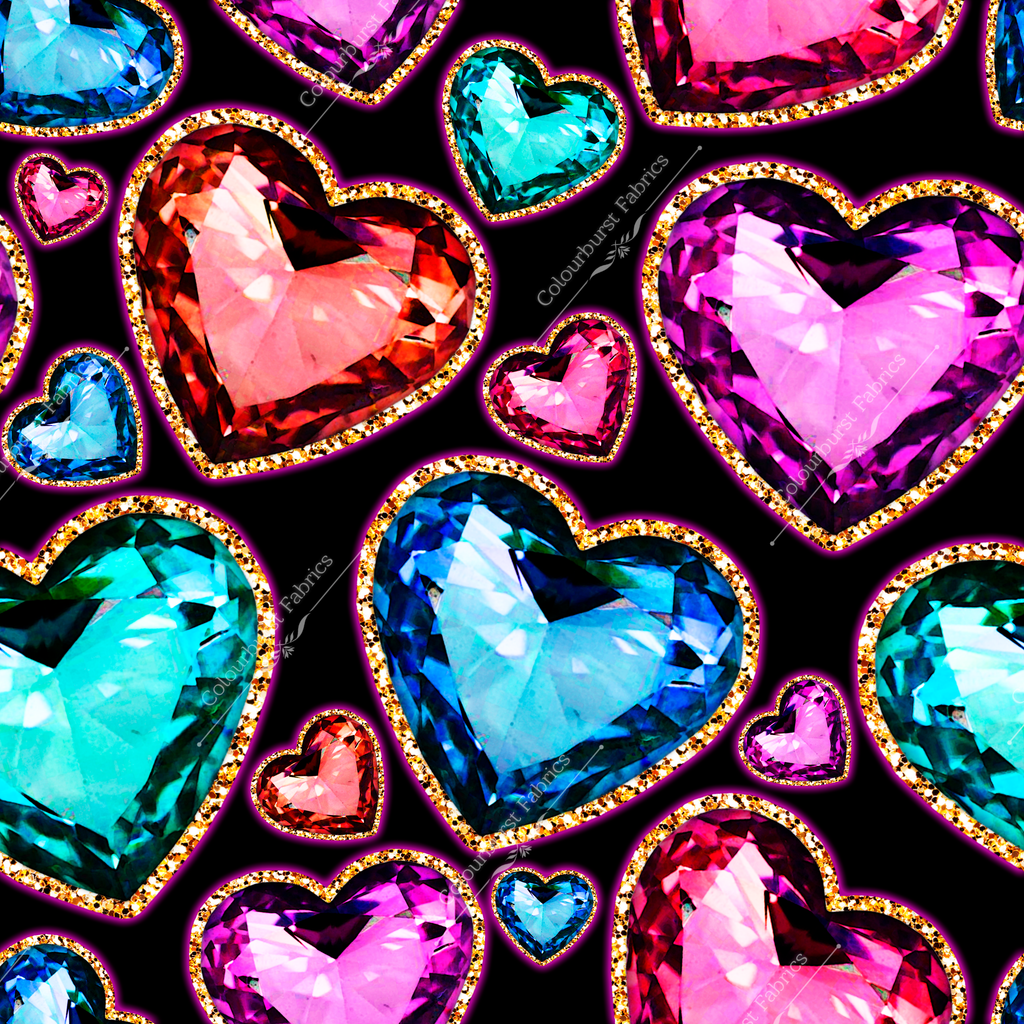 Neon crystal gemstone hearts on a black background. Seamless design for custom fabric printing onto our 22 bases