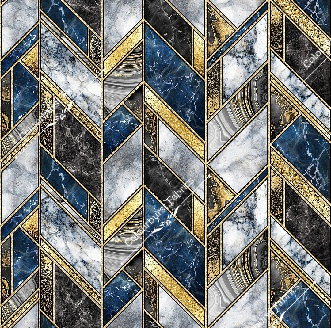 Abstract marble shapes and stripes. In blue, gold, black and white. Seamless design for custom fabric printing onto our 22 bases