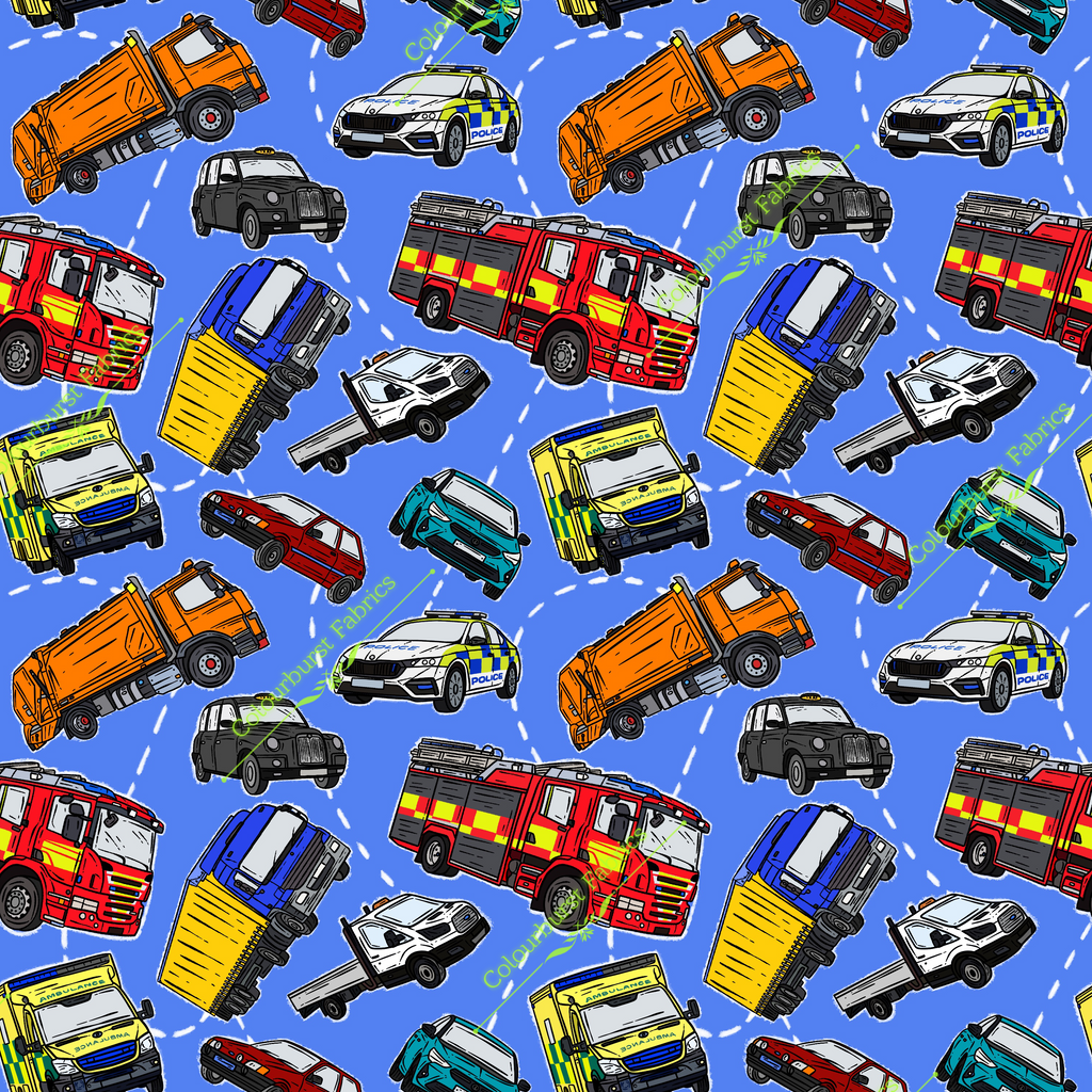 Emergency services vehicles on a bright blue background. Exclusive design for custom fabric printing onto our 22 bases 