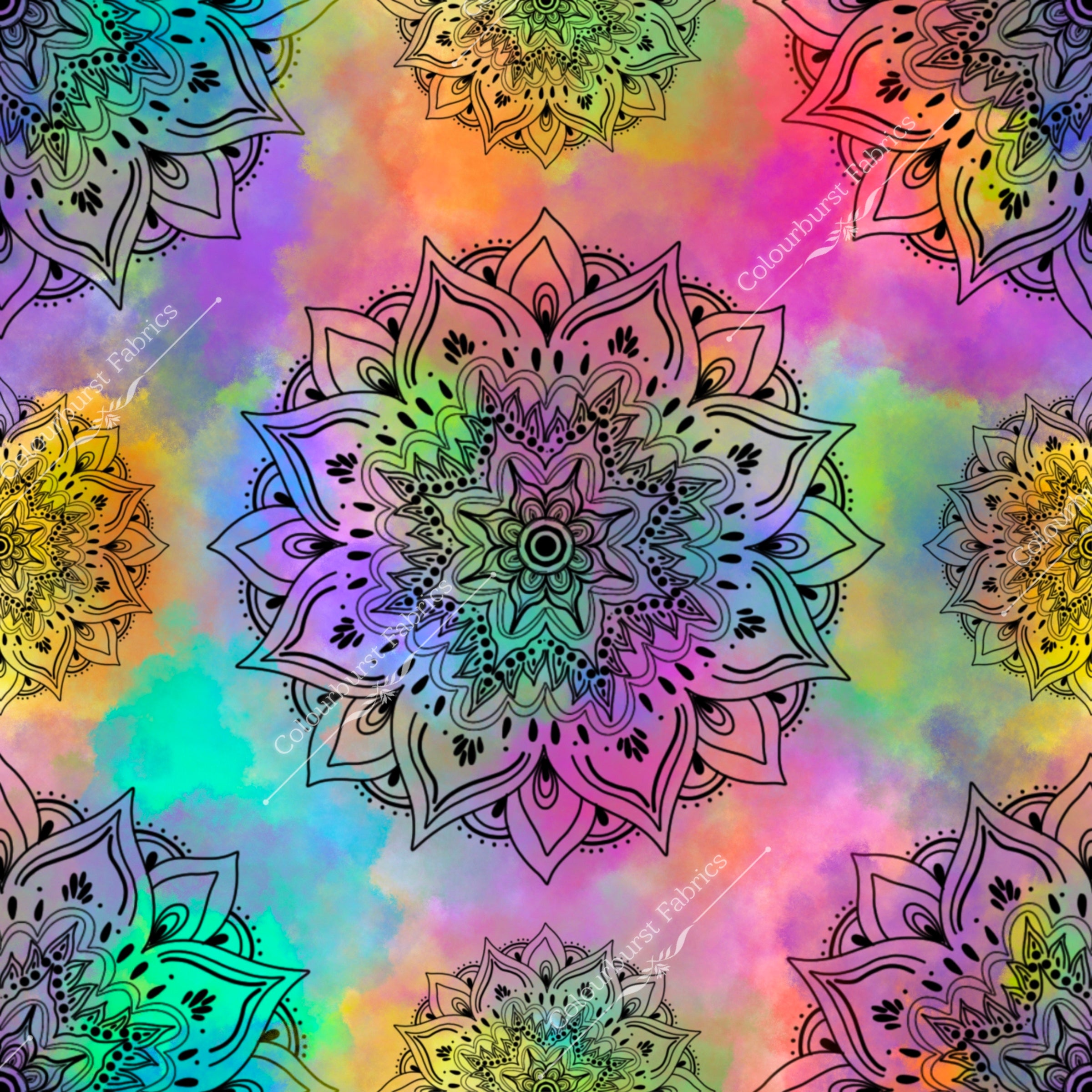 Rainbow ombre mandala exclusive design for custom fabric printing onto our 22 bases