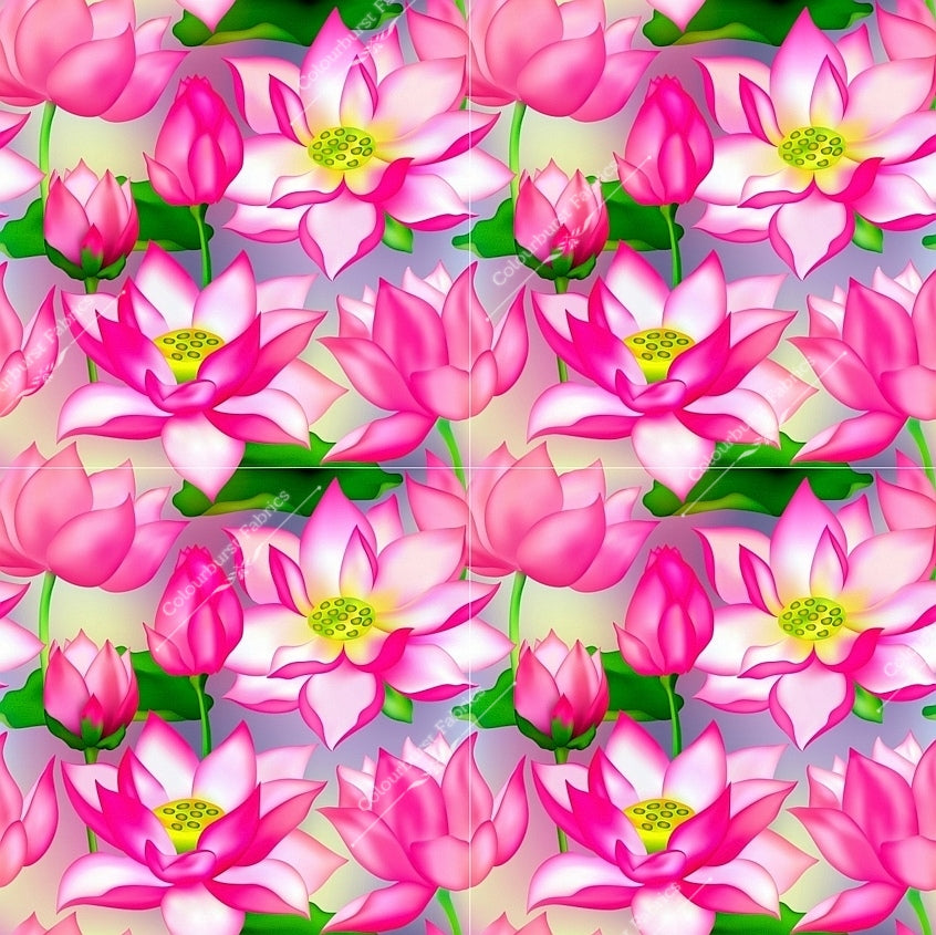 Pink Waterlily on a blurred pale pastel background. Seamless design for custom fabric printing onto our 22 bases
