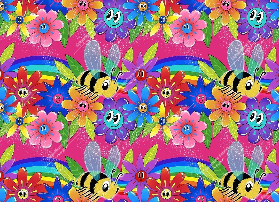 Beautiful spring bees with smiley flowers and rainbows on a bright pink background. Exclusive design for custom fabric printing onto our 22 bases