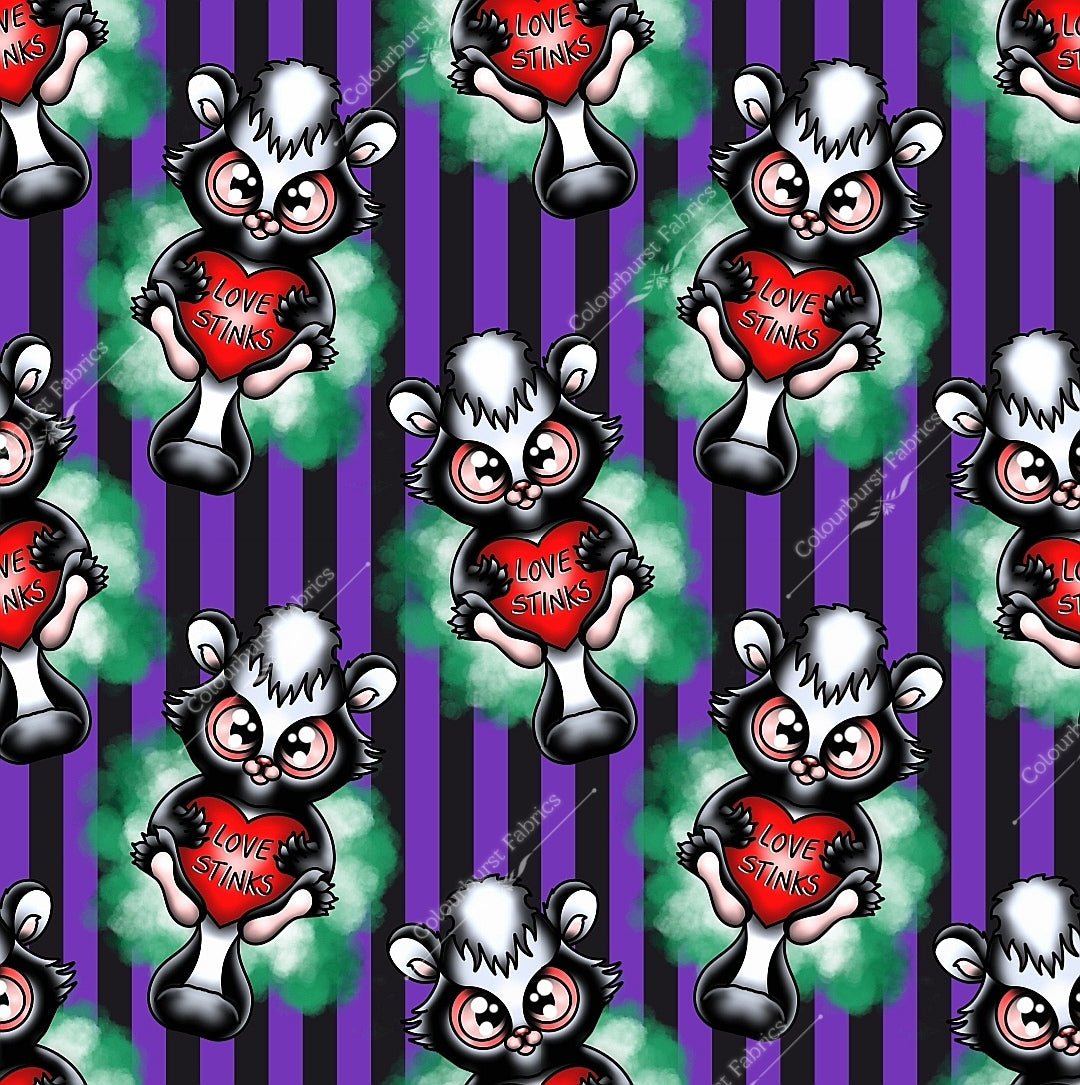 "Love Stinks" cute skunk holding heart with green gas cloud, on a purple and black vertical striped background. Seamless design for custom fabric printing onto our 22 bases