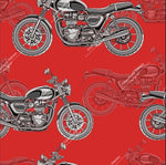 Load image into Gallery viewer, Vintage motorcycle, motorbikes, on a solid red background. Seamless design for custom fabric printing onto our 22 bases
