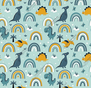 Mustard and dark green coloured adorable dinosaurs on a mint green background with neutral coloured rainbows and butterflies. Seamless design for custom fabric printing onto our 22 bases.