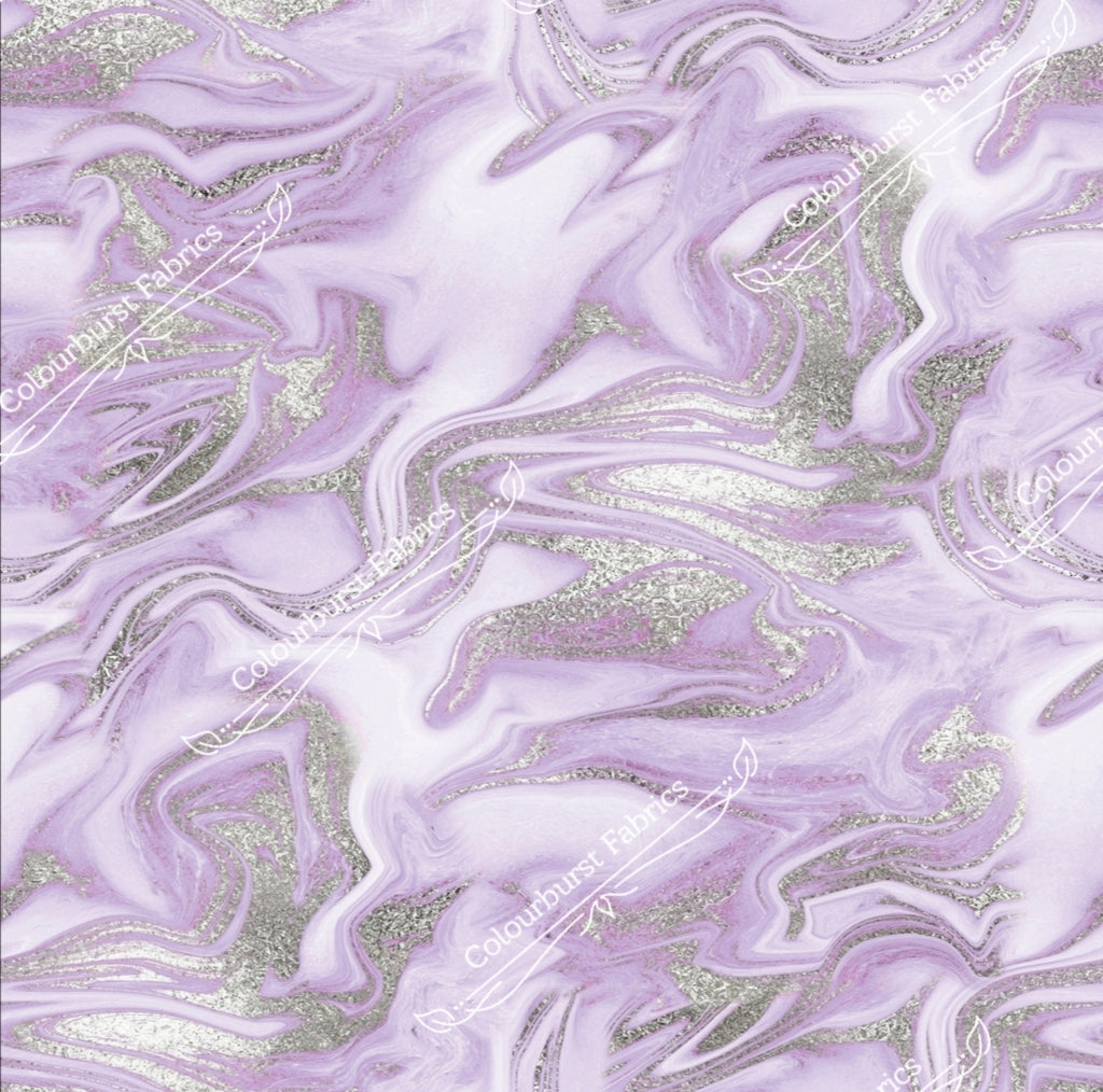 Lilac and purple toned abstract swirls with faux glitter highlights. Seamless design for custom fabric printing onto our 22 bases.