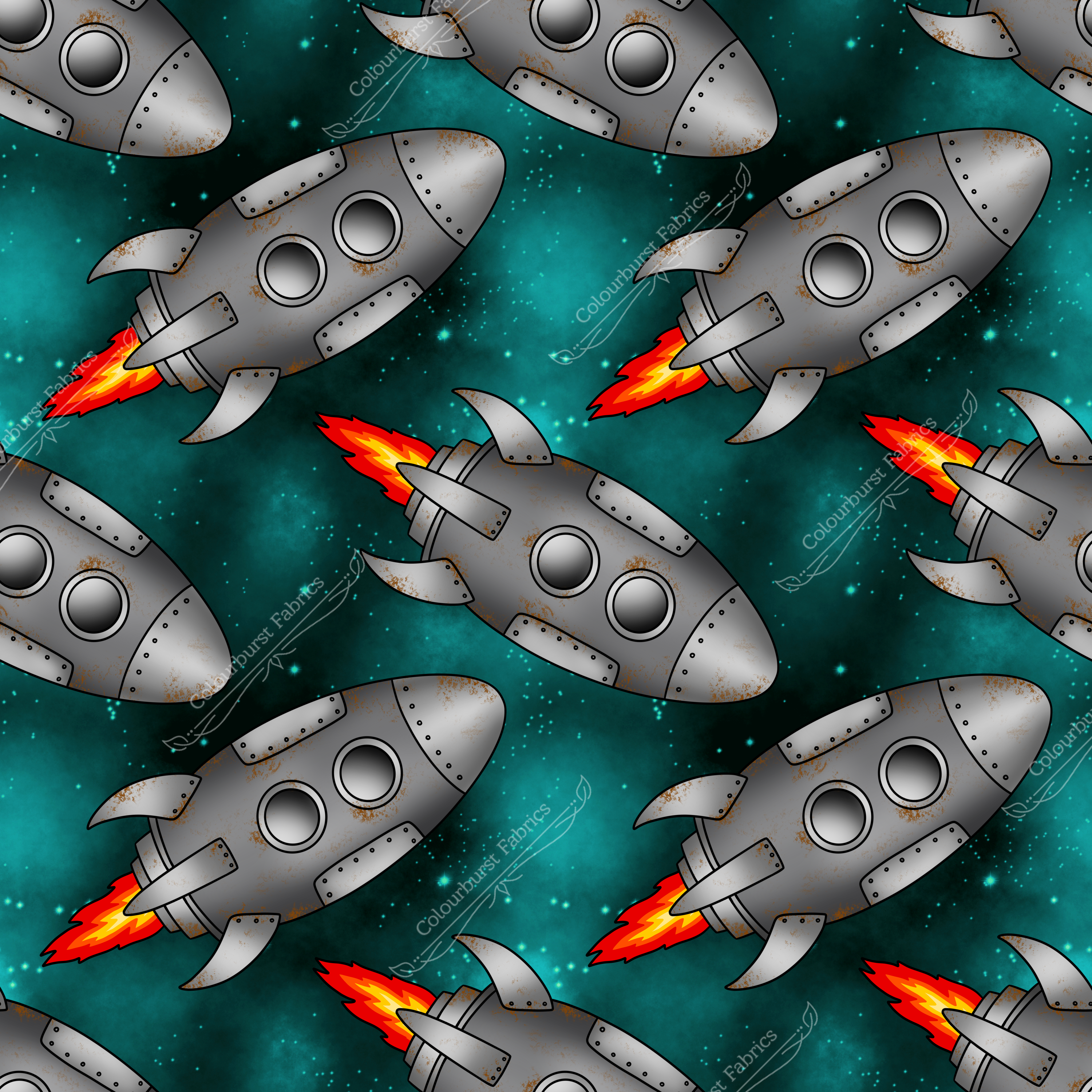 Grey metal rockets with rusted patches and fire flames out the base of the rocket. A galaxy turquoise/teal coloured background. Exclusive design available for pre-order on our 23 bases.