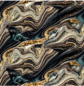 Sparkled gold dust agate with teal, black and gold accents. Design for pre-order at Colourburst Fabrics 
