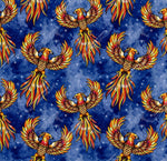Load image into Gallery viewer, Stunning red and gold pheonix on a blue starred background. Seamless design available for pre-order on 22 bases at Colourburst Fabrics 
