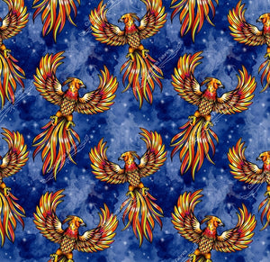 Stunning red and gold pheonix on a blue starred background. Seamless design available for pre-order on 22 bases at Colourburst Fabrics 