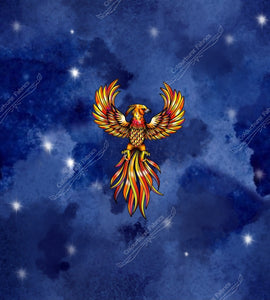 Red and gold phoenix on a blue background (panel). Exclusive design with matching main design available for pre-order 