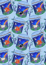 Load image into Gallery viewer, A fox, rabbit, badger and skunk lying sleeping in a jar each with hessian wrap round the top. On a baby blue background with fairy lights. Exclusive design available to pre-order from Colourburst Fabrics 

