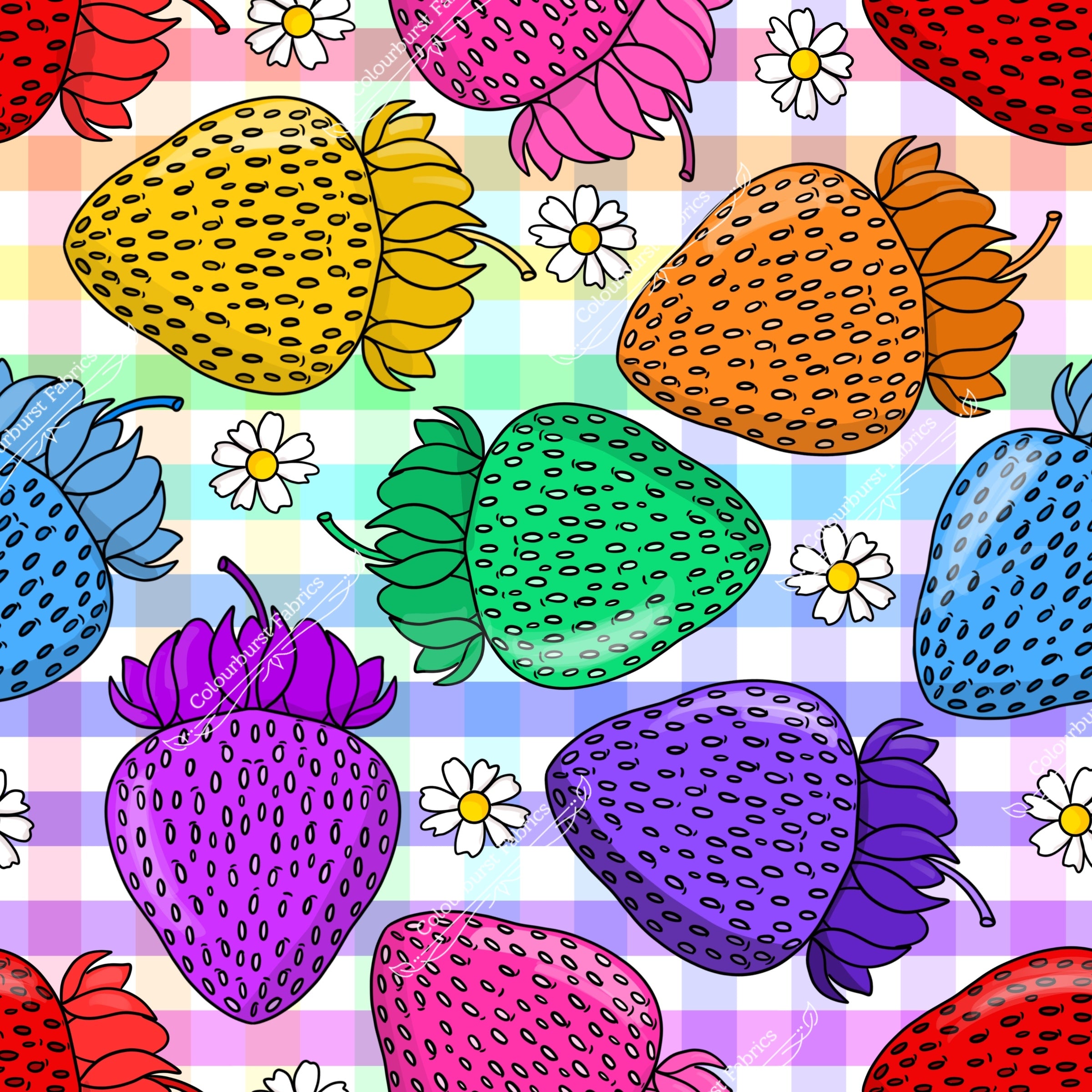 Bright Rainbow strawberries on a pastel coloured rainbow gingham background. Exclusive design for Colourburst Fabrics available on 23 bases