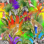 Load image into Gallery viewer, Rainbow Jungle Exclusive design available for pre-order on 23 bases. Hand drawn zebra, cheetahs, tropical birds, parrots and more on a an ombre rainbow background with palm leaves dotted about.
