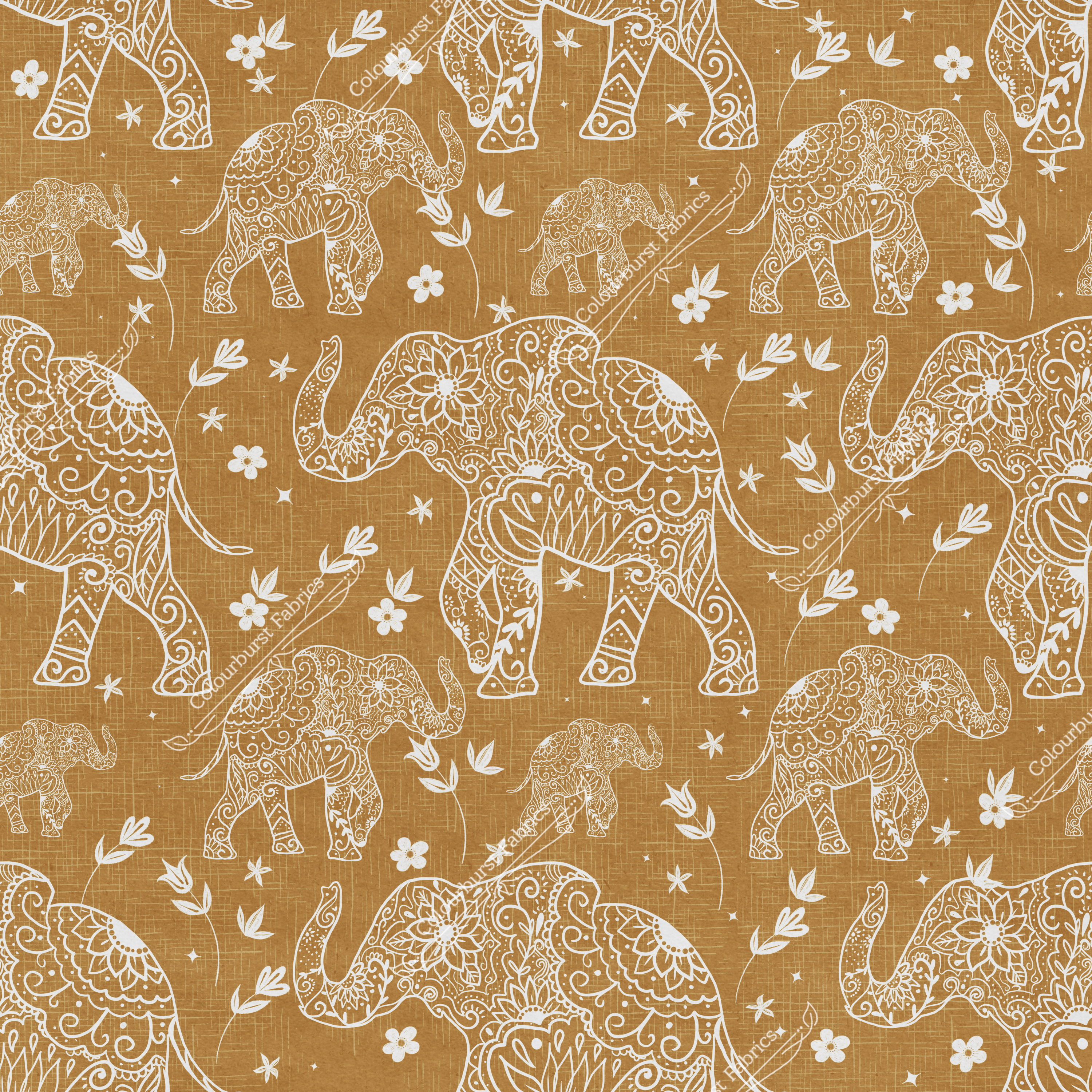 White hand drawn mehndi elephants on a mustard background. Available for preorder on 23 bases