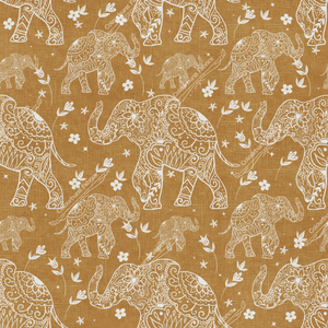 White hand drawn mehndi elephants on a mustard background. Available for preorder on 23 bases