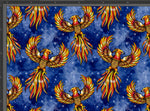Load image into Gallery viewer, Stunning red and gold pheonix on a blue starred background. Seamless design available for pre-order on 22 bases at Colourburst Fabrics 
