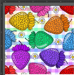 Load image into Gallery viewer, Bright Rainbow strawberries on a pastel coloured rainbow gingham background. Exclusive design for Colourburst Fabrics available on 23 bases
