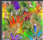 Load image into Gallery viewer, Rainbow Jungle Exclusive design available for pre-order on 23 bases. Hand drawn zebra, cheetahs, tropical birds, parrots and more on a an ombre rainbow background with palm leaves dotted about.
